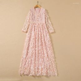 Casual Dresses European And American Women's Wear Spring 2023 Long-sleeve V-neck Flower Petals Fashionable Pink Pleated Dress