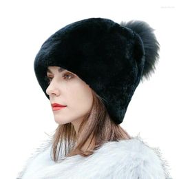 Berets Real Whole Rex Fur Hat Women Winter Warm Beanie Cap Pompom Soft