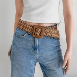 Belts PP Grass Woven Striped Belt Jeans Skirt Accessories Retro Wood Square Buckle Wide For Women Summer