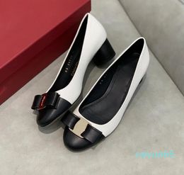 Dress Shoes Top Quality Genuine Leather Heels Women's Pumps Bow Accessories Round Head Wedding