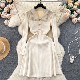 Casual Dresses Tweed Dress Women 2023 Turn-down Collar Screw Thread Solid Colour With Belt Autumn Knitted Vestidos A-line Dropship