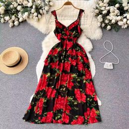 Casual Dresses Bohimian Summer Floral Print Holiday Long Dress For Women Sleeveless V Neck Ruffles Lace Up Sexy Backless Chiffon Flower