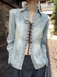 Women's Jackets Denim Women Sexy Lace-up Design Autumn Vintage Casual Clothing Harajuku Outwear Daily Mujer Minority Temper Ulzzang 2023