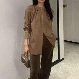 Women's Blouses 2023 Autumn And Winter Inner Outer Wear Shirt Design Sense Niche Round Neck Zipper Top Long-sleeved Women