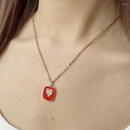 Pendant Necklaces Heart Red Square Hanging Tag For Women Commuting Jewellery Stainless Steel Chain Gold Colour Choke Necklace Fashion