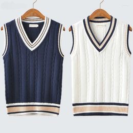 Men's Vests Autumn Sweater Vest Men Thicken V-neck Sleeveless Knitted Sweaters Striped Retro Preppy Simple Chic Loose Casual All-match