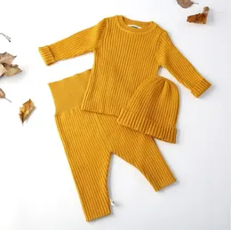 Clothing Sets 3pcs/set Autumn Winter Baby Girl Clothes Knit Ribbed Sweater Boys Sweaters Pants Hats Bottoming Shirt Children's 0-3Y