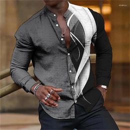 Men's Casual Shirts Hawaii Shirt 3D Line Long Sleeve Party Ball Neck Oversized T-Shirt Summer Clothing 2023 High Quality