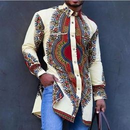 African Men Shirts Tops Long Sleeve Retro Autumn 2021 Muslim Geometric Printed Business Blouses Tops Single-Breasted Shirts235f