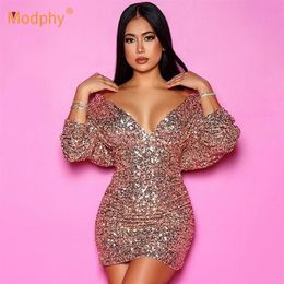 Casual Dresses 2021 Women Bodycon Dress Vestidos Sexy V-neck Long Sleeve Silver Sequin Mini Celebrity Club Runway Evening Party252B