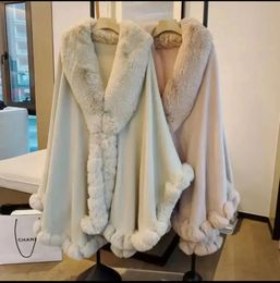 Shawls Elegant Lapel Faux Rex Rabbit Fur Coat Cape Winter Women Big Shawl Full Grim Knitted Cloak Overcoat Parka 231013