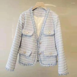 Women's Jackets Tassel Tweed Coat Women V-Neck Long Sleeve Vintage Woolen Coats Buttons Korean Loose Outwear Plaid Blue Pink K3124