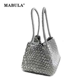 Leather MABULA Fashion 2 Handle Pcs Vegetable Set Top Silver Handbag Women Square Woven PU Basket For Shopper High Quality Purse