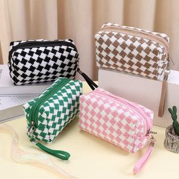 Lattice Weave Cosmetic Storage Bags Rectangle Dacron Hand-held Women Portable Zipper Pouch For Travel Skincare Makeup Lipstick Female Wash Handbag Wallet Cases