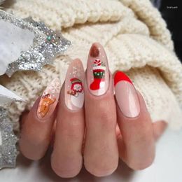 False Nails 24Pcs Almond Fake Medium Press On Green Red French Tip Christmas Socks Full Cover Snowflake Snowman