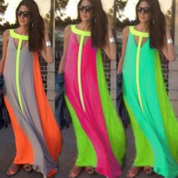 Casual Fahion Chiffon Bright Color Patchwork Casual Dresses Sleeveless Sundress Loose Dress Cheap Women Summer Boho Maxi Dresses T259q