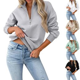 Women's Hoodies Solid Color Quarter Zip Pullover Long Sleeve Lapel Loose Sweatshirt Top Hoodie Flannel Up