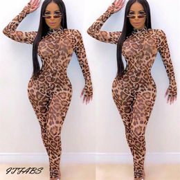 Women jumpsuit long sleeves Leopard print bodycon clubwear party casual jumpsuit playsuit BY290F