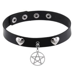 Halloween Cosplay Black Goth Choker Pentagram Necklaces For Women Men Rivet Heart Bell Belt Necklaces Y2K Jewellery