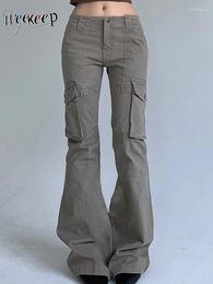 Women's Pants Weekeep Vintage Grey Cargo Big Pockets Stitched Low Rise Casual Y2k Grunge Trousers Ladies Streetwear Capris