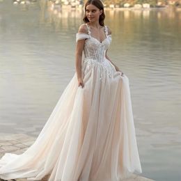 Women Boho Wedding Dresses A-Line Spaghetti Straps Off The Shoulder Appliques Beading Bridal Gown Vestidos De Noiva