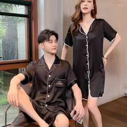 Men's Sleepwear Summer Couple Satin Rayon Women Nightshirt Mne Short Sleeve Shirt Shorts Pyjamas Sets Homewear