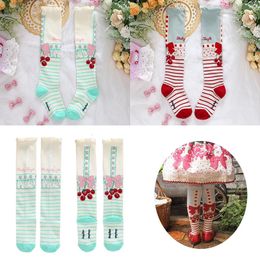 Toz Taytlar Shirly Tapınak Çorapları Prenses Tarzı Kızlar Karikatür Kiraz Bow Stripe Kids Çorap Taytlar 231016