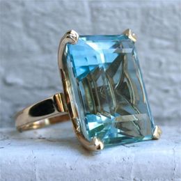 Sea Blue Topaz Stone Princess Diamond Ring Engagement Sapphire Ring 14K gold Anillos for women Bizuteria jade diamond Jewellery 2010289v