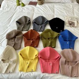 Berets Wool Balaclava Winter Knitted Warm Button Scarf One-piece Hat Headgear Casual Beanie Women