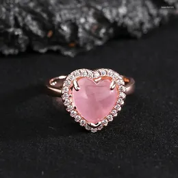 Cluster Rings Exquisite Rose Gold Plated Heart Shape Pink Crystal Ring Charming Natural Gems Elegant Wedding Birthda Women Jewellery