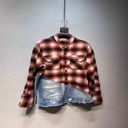 Men Red Plaid Flannel Patchwork Denim Distressed Shirt Oversize Fit Men's Casual Shirts275y