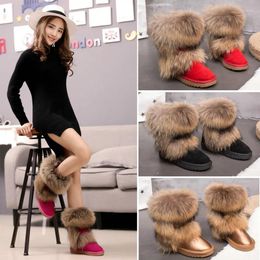 Boots Natural Fur Snow Genuine Cow Suede Leather Shoes Mid-calf Knee Raccoon Warm Female Flat