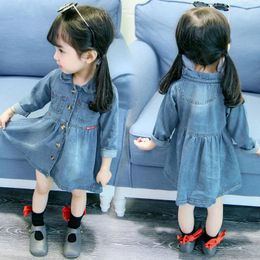 Girl Dresses Korean Baby Girls Princess Denim Dress Children Ruffles Collar Long Sleeve Little Kids Cute Casual One Piece Clothes B230