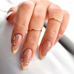 False Nails 24Pcs Simple Short Almond Yellow Edge Fake Flower French Wearable Press On Nude Full Cover Nail Tips
