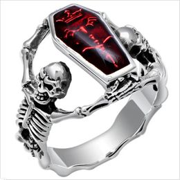 Solitaire Ring Punk Vintage Coffin Skull Ring Rock Style Men's Finger Ring Motor Biker Jewelry Gift Silver-Color Wholesale 231013