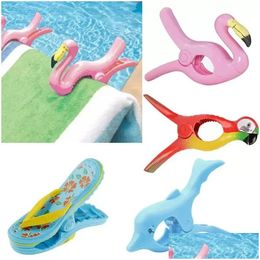Hooks Rails Cute Large Summer Clothes Clip Hook Animal Parrot Dolphin Flamingo Watermelon Shaped Beach Towel Clamp To Prevent The Dhekm