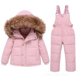 Down Coat Kids Jackets Set Real Fur Winter Snowsuit Boy Girl Ski Outfits Pink 90 White Duck Overalls Children Clothes Sets 231016