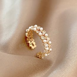 Korea New Design Fashion Jewellery Copper Set Zircon Pearl Ring Elegant Women's Opening Adjustable Daily Work Accessories