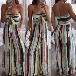 Fashion Women Summer Strapless Jumpsuit Backless Vintage Bandage Romper Striped Jumpsuits Party Wide Leg Long Pants331t