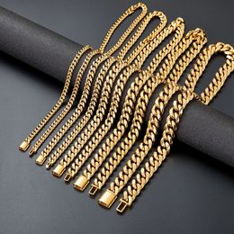 6mm-14mm Hip Hop Titanium Steel Miami Cuban Link Chain 18K Real Gold Plated High Polished Mens Necklace Gold Accessories Jewellery Gift