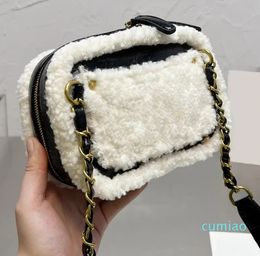 Lamb hair trim square bag Black Smooth leather Design winter handbag womens fashion warm Purse mini ziper shoulder bags cute 18cm