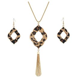 Earrings & Necklace Long For Women Leopard Print Cheetah Leather Drop Dangle Set Geometric Pendant Fringe Tassel204f