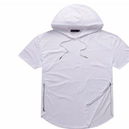 Man Summer Tshirts Longline Curve Hem t shirt Hooded Zipper Design Short Sleeved Casual Tops for Male2673