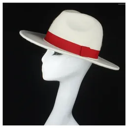 Berets Wool Authentic Women White Fedora Hat With Red Ribbon Elegant Lady Party Panama Fascinator Size 56-58CM