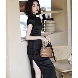 Ethnic Clothing 2023 Chinese Style Cheongsam Retro Short Sleeve Black Long Women Sexy Elegant Slimming Summer Daily Qipao Dress S59