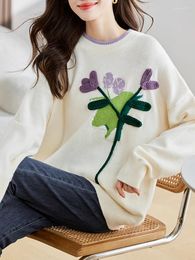 Women's Sweaters Sweet Floral Knit O-neck Long Sleeve Women Pullover Patchwork Loose Vintage Fashion Sweater 2023 Autumn Casual Lady