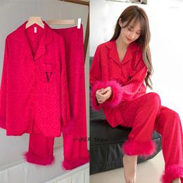 Women's Sleepwear Luxury Feather Pyjamas Suit Embroider V Bride Home Clothes Silk Rayon Shirt&pants 2Pcs Loungewear Print Nightwear