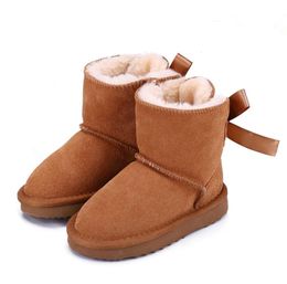 kids Bailey 2 Bows Boots Genuine Leather toddlers Snow Boots Solid Botas De nieve Winter Girls Footwear Toddler Girls Boots34