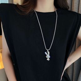 Pendant Necklaces New fashion cool full diamond rabbit necklace female ins hip hop personality pendant versatile long sweater chain