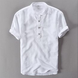 Stand Collar Men's Short Sleeve Linen Cotton Shirt with Botton White Green Blue Summer Casual Shirts Men New200b